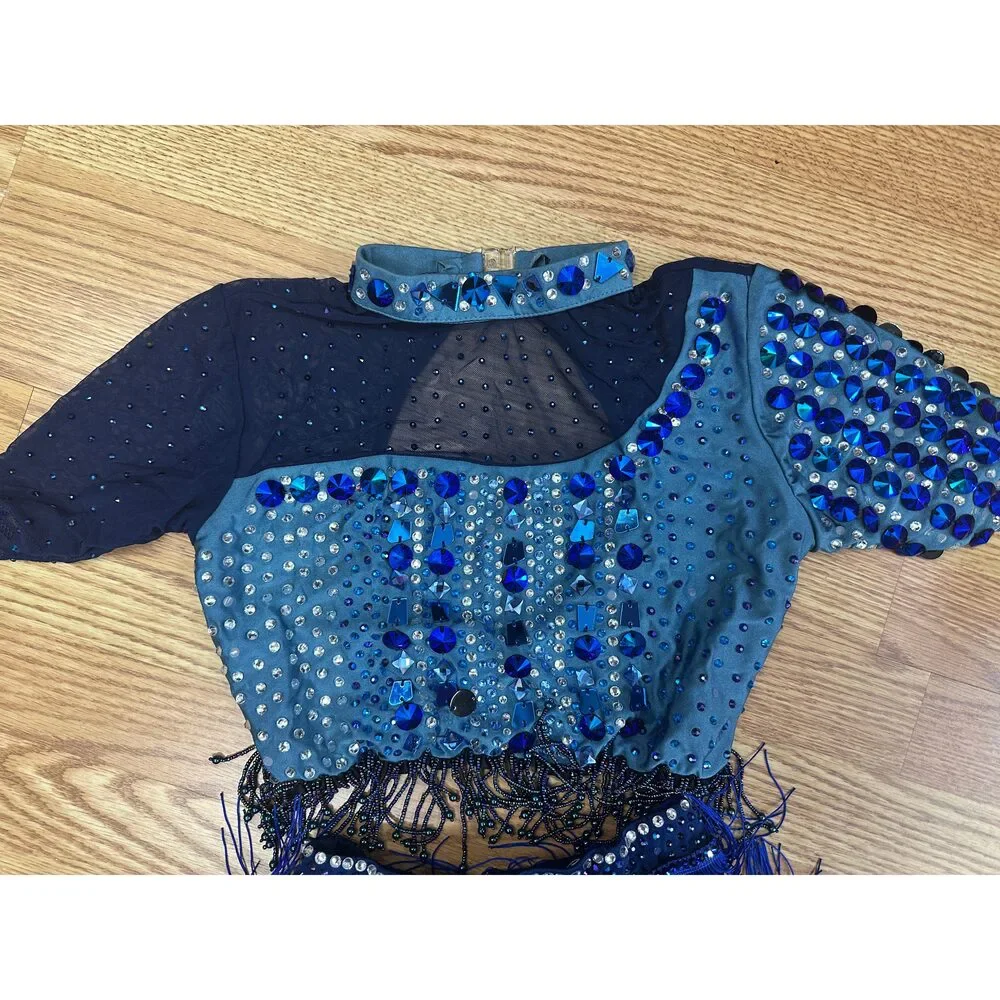 Pre-Owned Dance Costume Large Child Blue Glamour Jazz Tap Clogging Latin Fringe